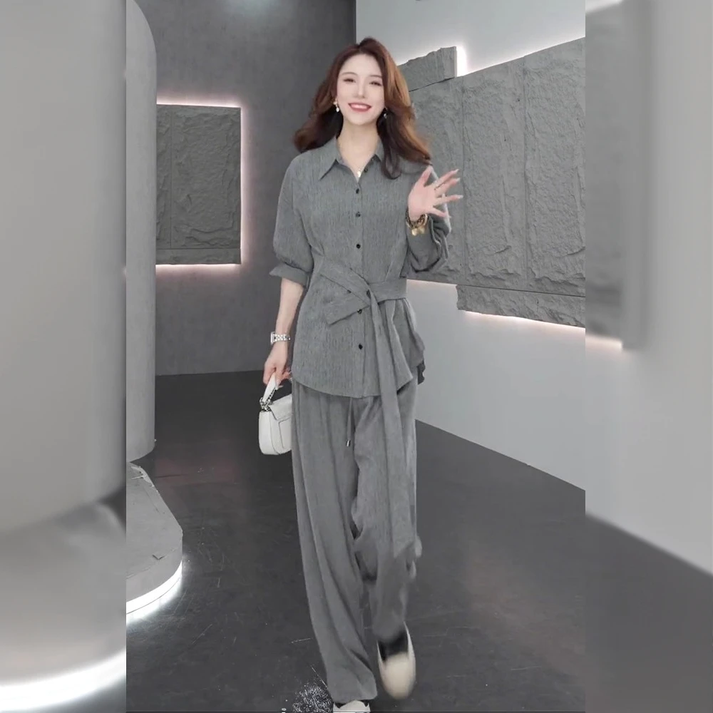 秋季大码穿搭收腰系带长袖衬衫套装女胖mm轻奢显瘦百搭上衣两件套