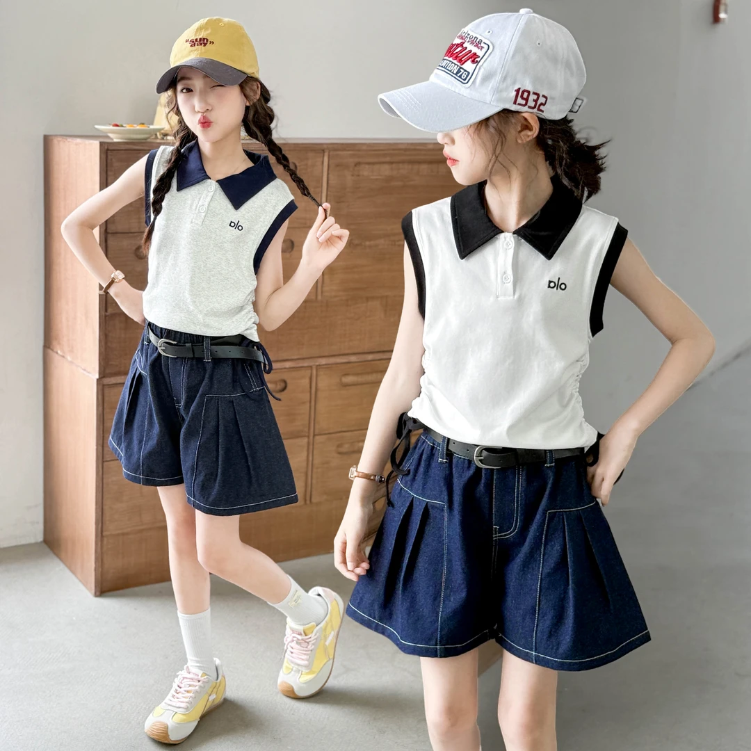 女童夏装套装2025新款洋气儿童夏季polo衫短袖女孩牛仔短裤两件套