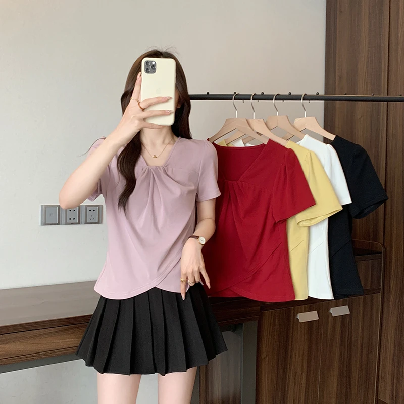 2025新款胖mm大码女时尚设计感v领不规则正肩T恤短袖上衣21222