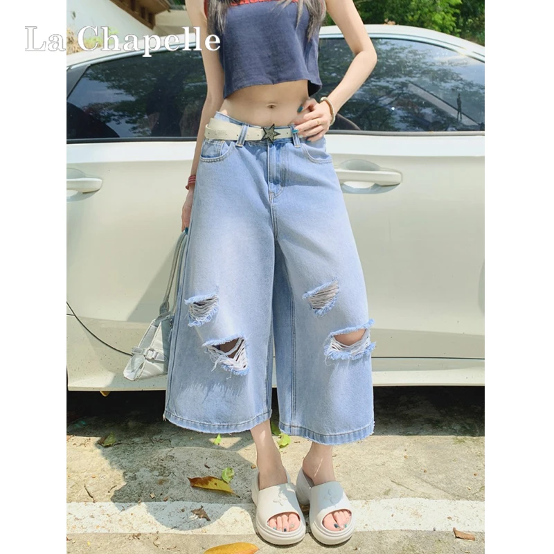 拉夏贝尔破洞直筒七分牛仔短裤女夏季新款高腰显瘦宽松阔腿中裤子