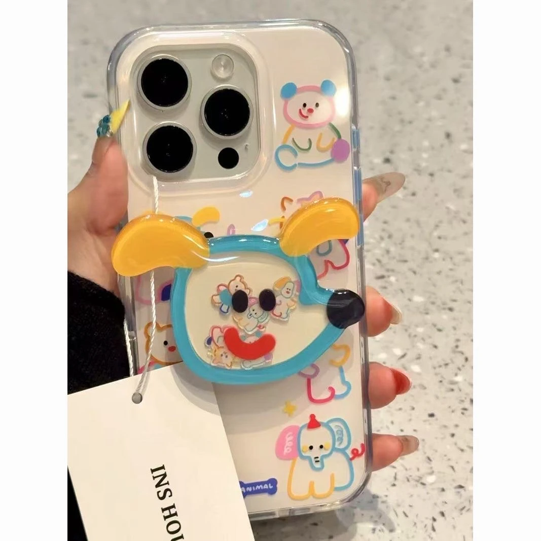 IMD可爱线条小狗带支架手机壳适用苹果华为OPPOvivo小米大孔gk