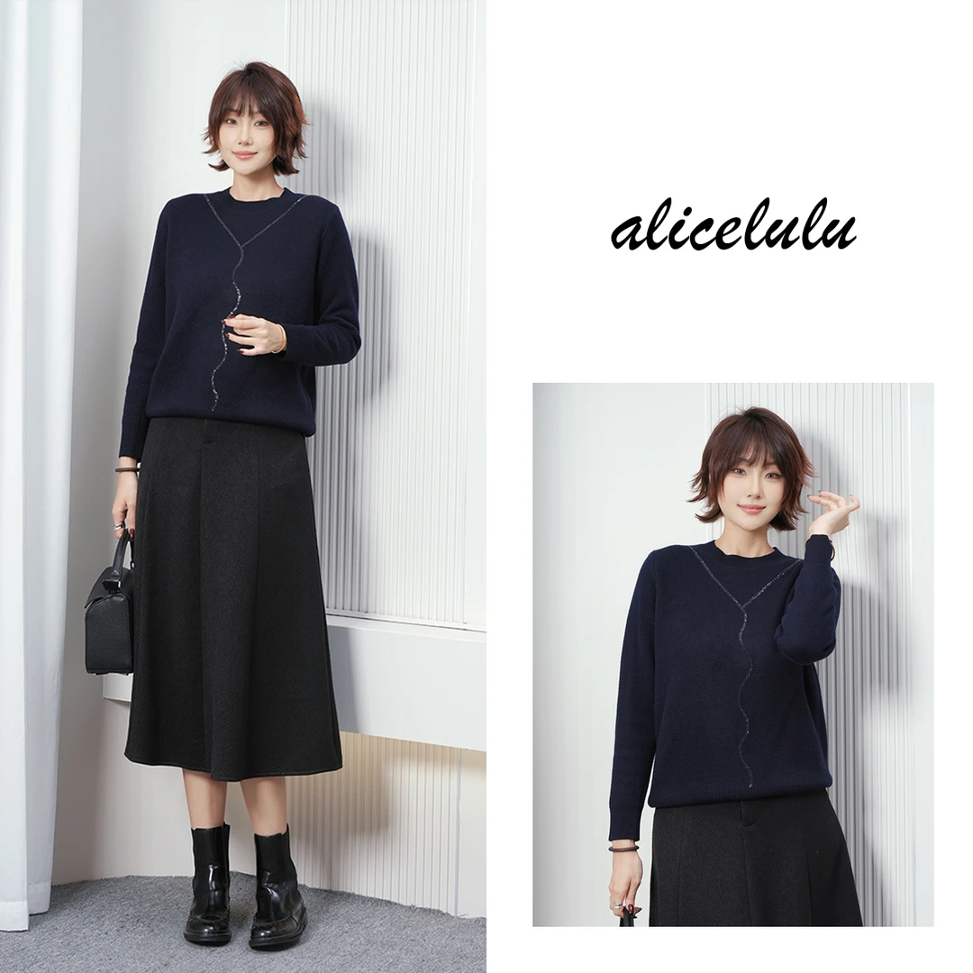2alicelulu‘美人线’秋冬百搭色圆领保暖毛针织衫S2145750U