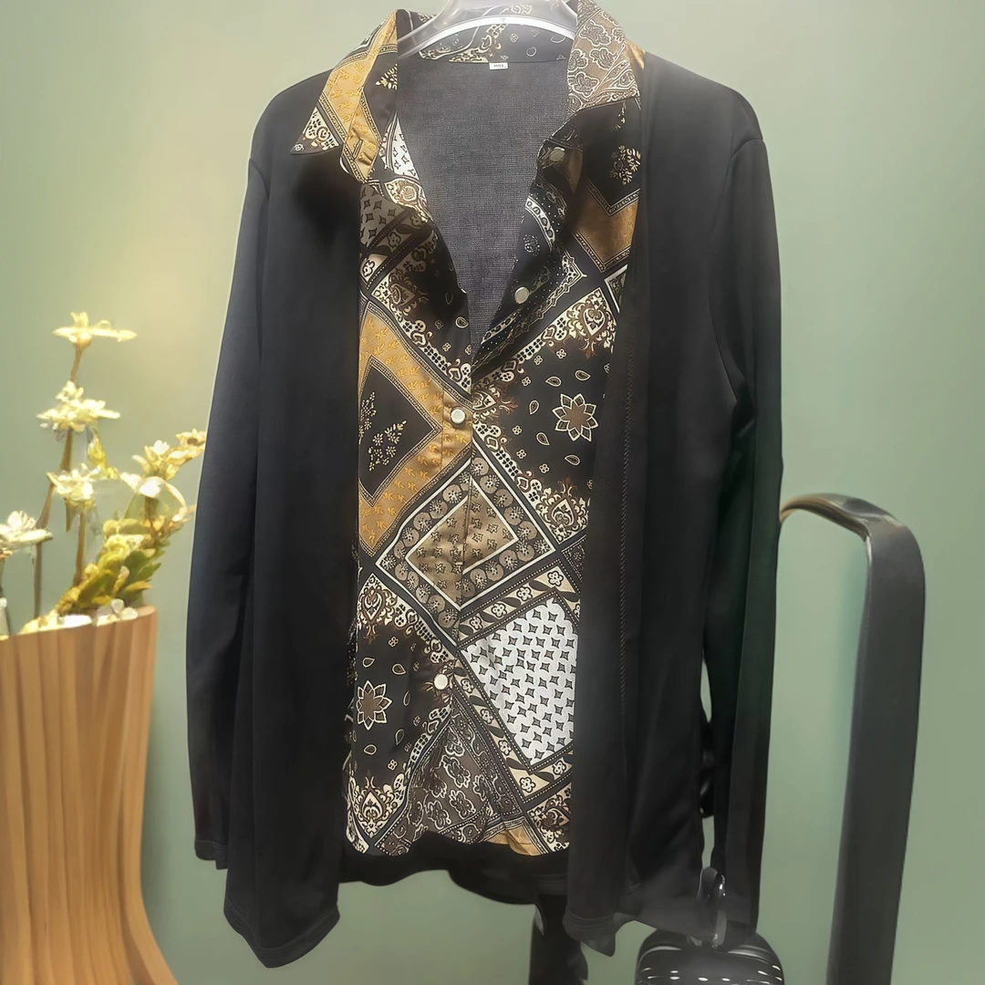 时尚气质百搭休闲长袖潮流假两件衬衫外套1093