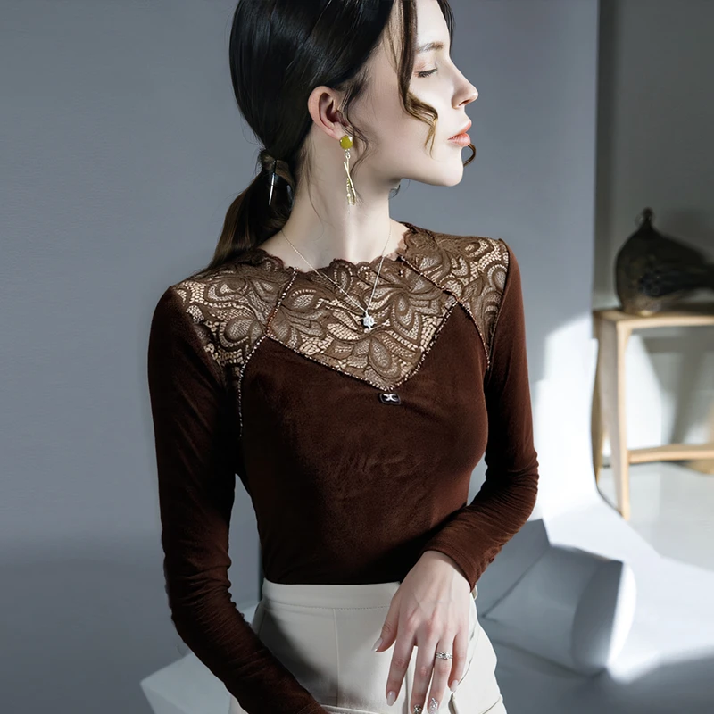 YLY#秋季新款蕾丝镂空拼接丝绒性感百搭上衣订珠打底衫DY14837H