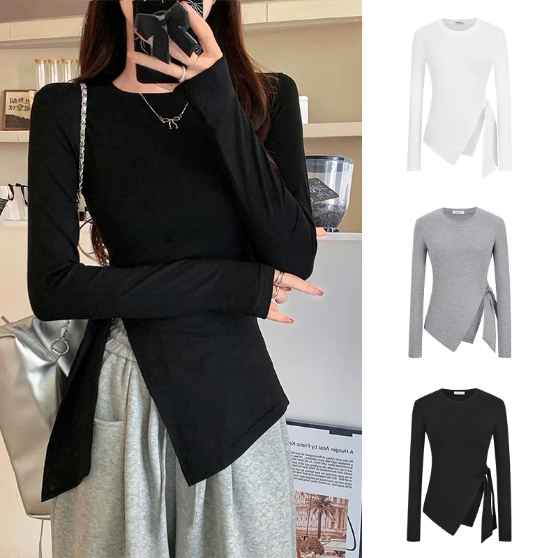 Moses Queen/魔西女王不规则开叉长袖t恤女修身纯欲风打底衫短袖