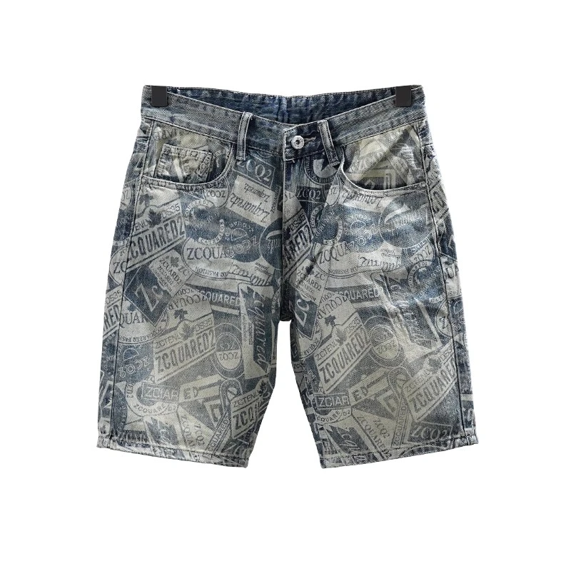 WEBUNSAPET维比萨玻薄款牛仔短裤男潮流印花修身小脚百搭休闲