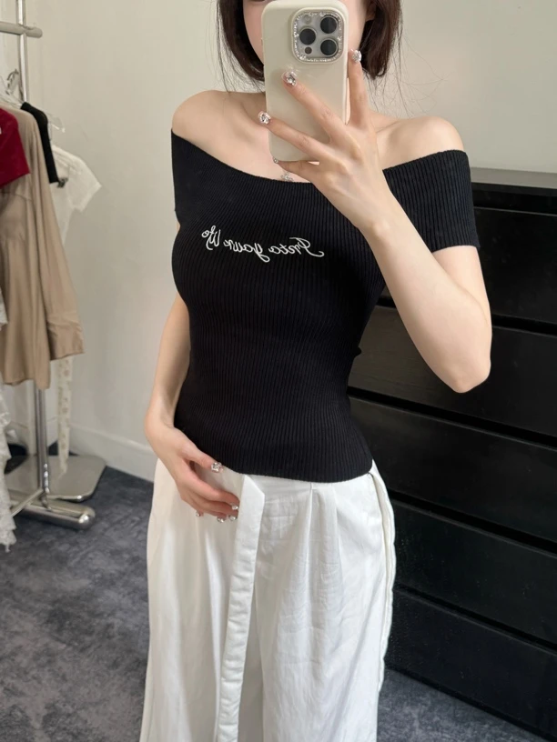 纯欲风一字肩短袖针织衫修身显瘦性感气质夏季内搭上衣