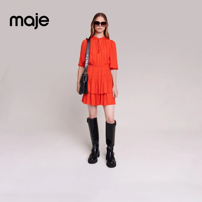 暖系穿搭|Maje女装气质V领系带红色连衣裙MFPRO03198