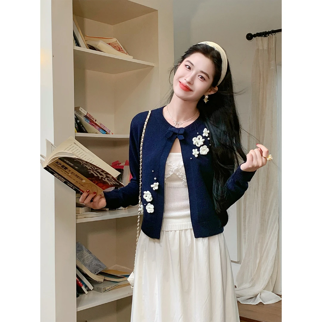 凌茜恣禾【星摇】法式绣花钉珠短款针织开衫气质百搭蝴蝶结上衣