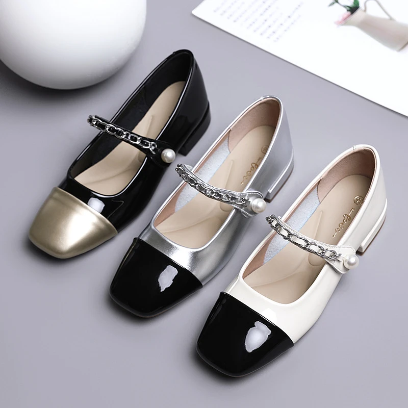 春季新款晚风拼色小皮鞋小香风低跟法式银色玛丽珍单鞋女鞋子2025