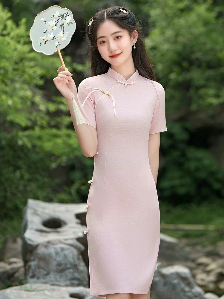 【2090 如意锁 粉色】显瘦气质修身优雅复古中国风旗袍长袖