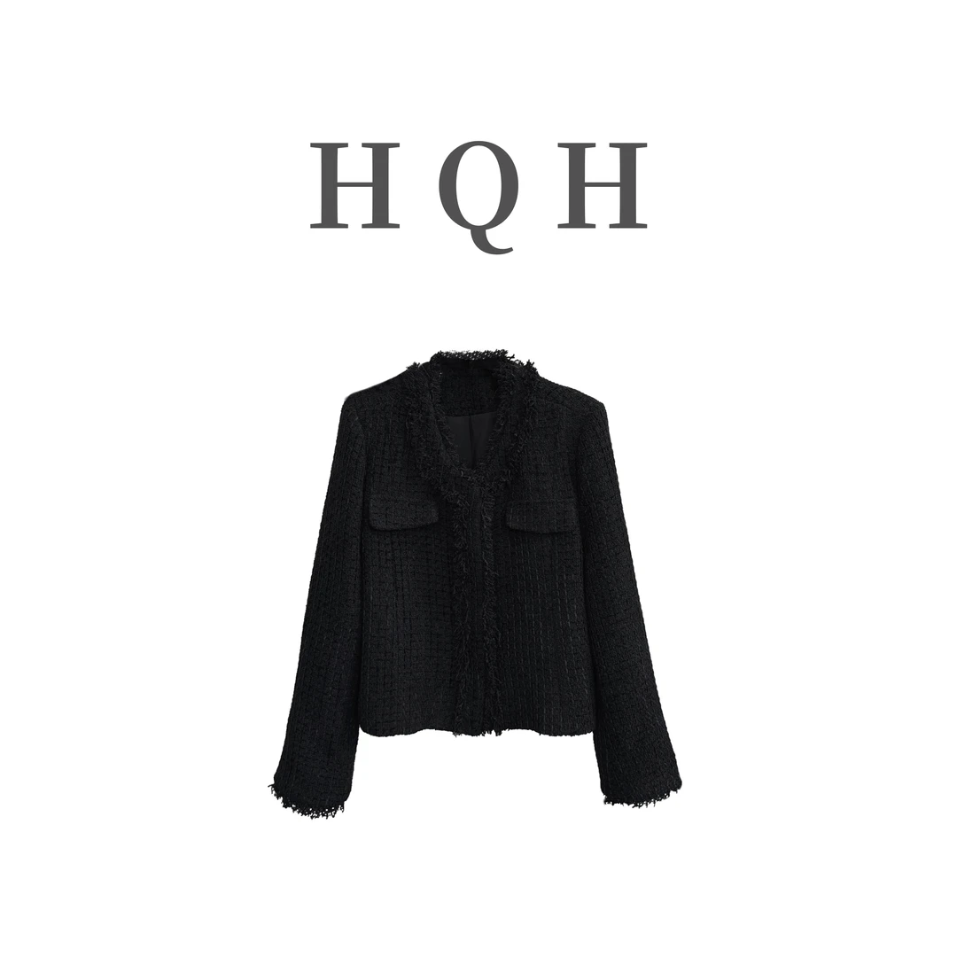 『3048#』名媛黑色气质格纹粗花呢流苏边别致小香风时尚百搭外套