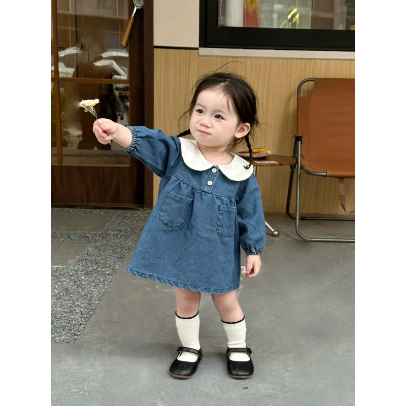 韩国春款女童可爱宽松娃娃领长袖柔软牛仔连衣裙洋气公主裙子潮