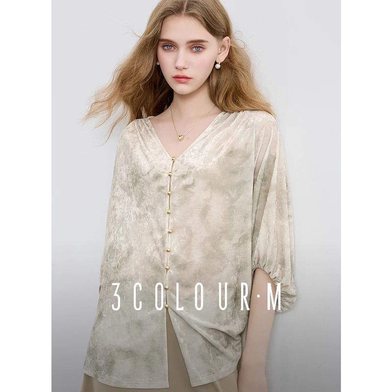 三彩2025春季新款印花丝绒衬衫V领宽松七分袖衬衣设计感小开衫女M