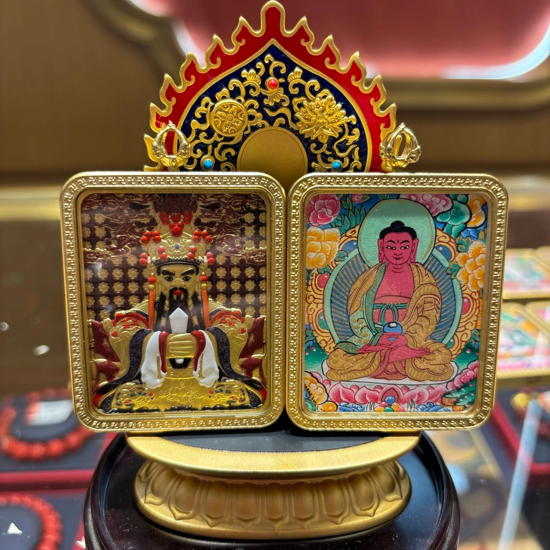 【五九甄选】莲台绘韵*保色手绘双面唐卡正面五爷浮雕背面八大守护