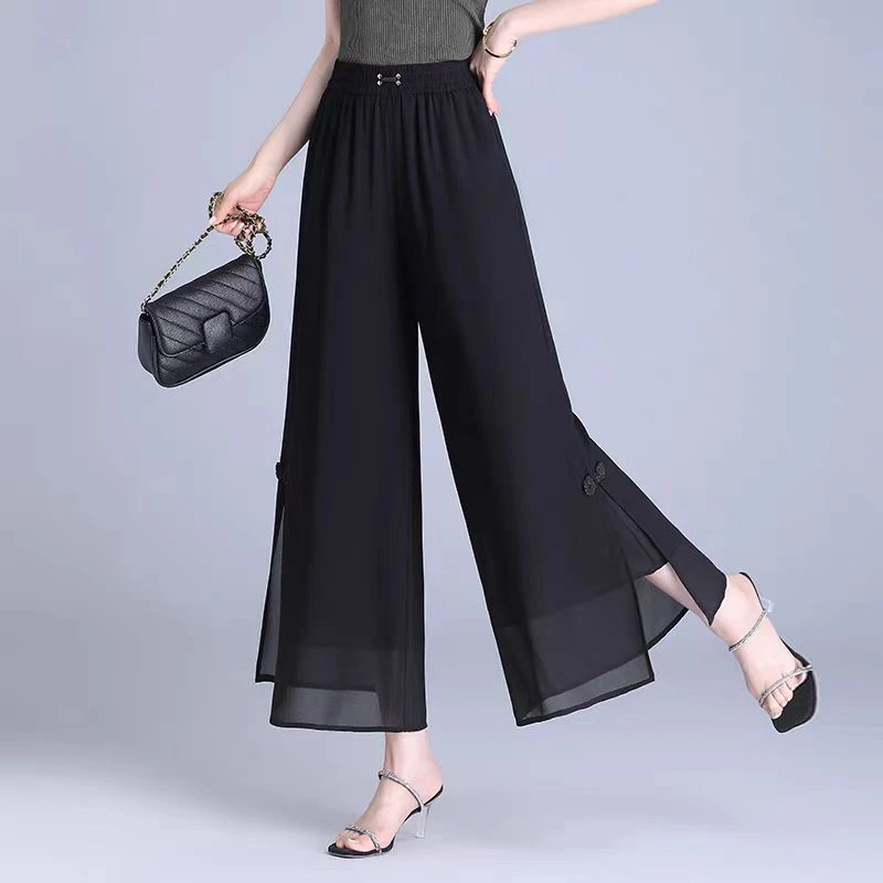 国风雪纺阔腿裤女2025夏季新款宽松裤子薄款垂感裙裤开叉九分裤裙