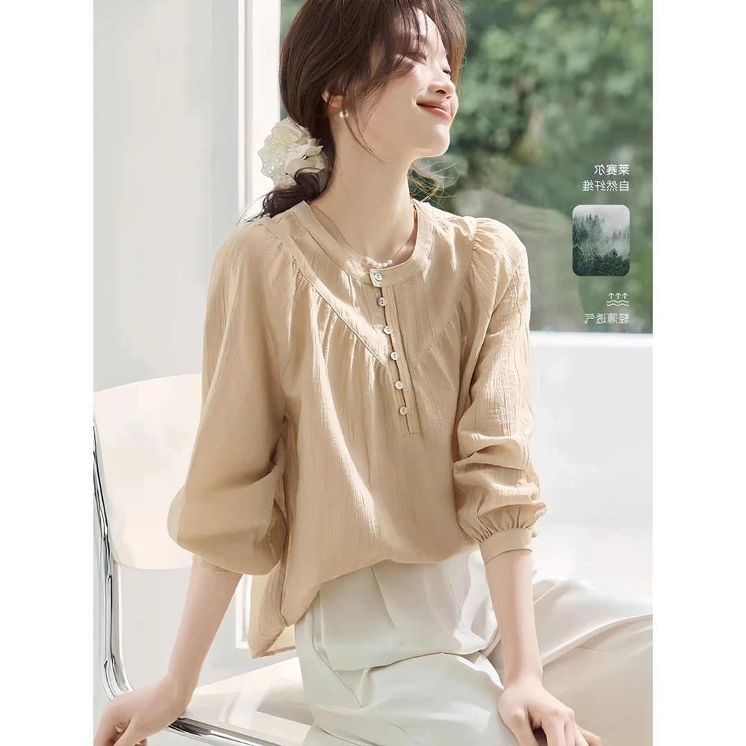 复古感十足泡泡袖直筒型聚酯纤维长袖上衣新款减龄百搭春夏装