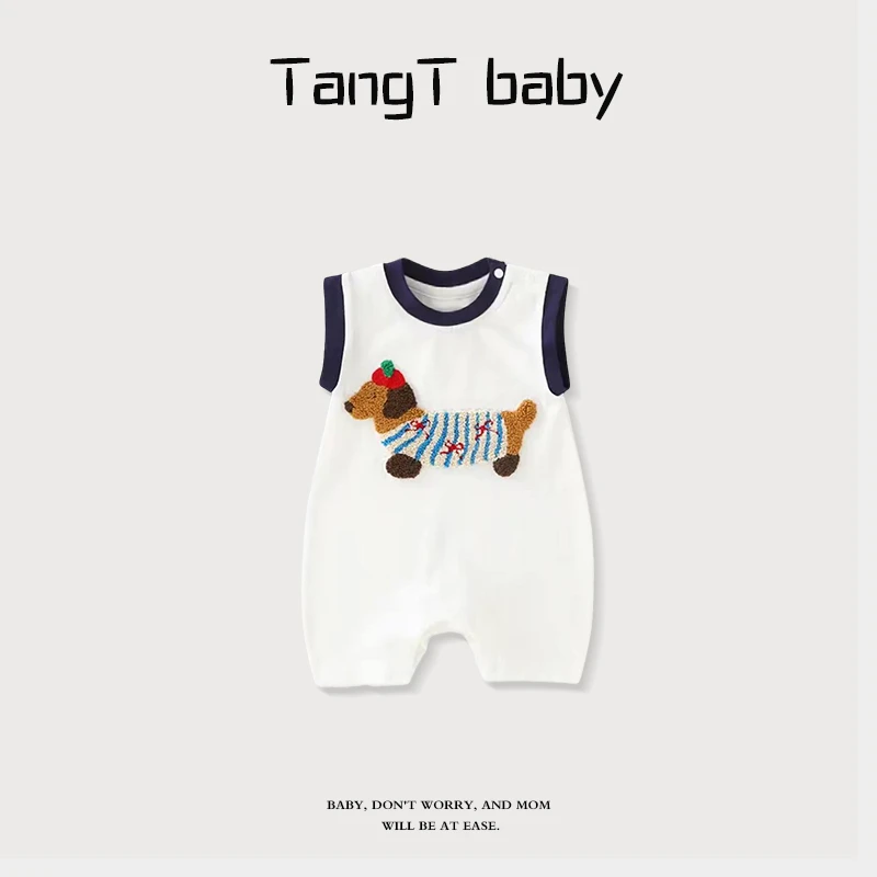 婴儿无袖连体衣两款小狗贴布印花穿脱轻松夏季居家/婴儿夏季衣服