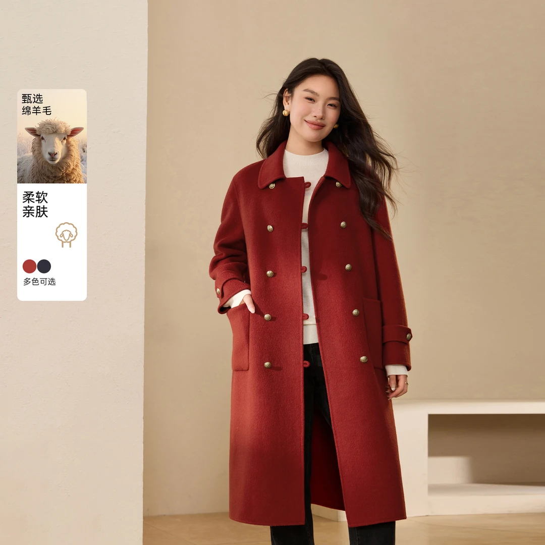 【100绵羊毛】纤莉秀大码女装时髦洋气翻领优雅毛呢外套QK4874