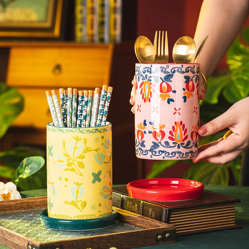 田园秘语筷子筒家用陶瓷筷子收纳盒高档新款筷笼筷子架勺子沥水架