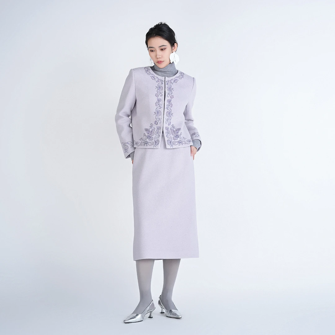 中式绵羊毛春秋刺绣气质百搭通勤圆领花蝶套装GDD71322+GDD71623