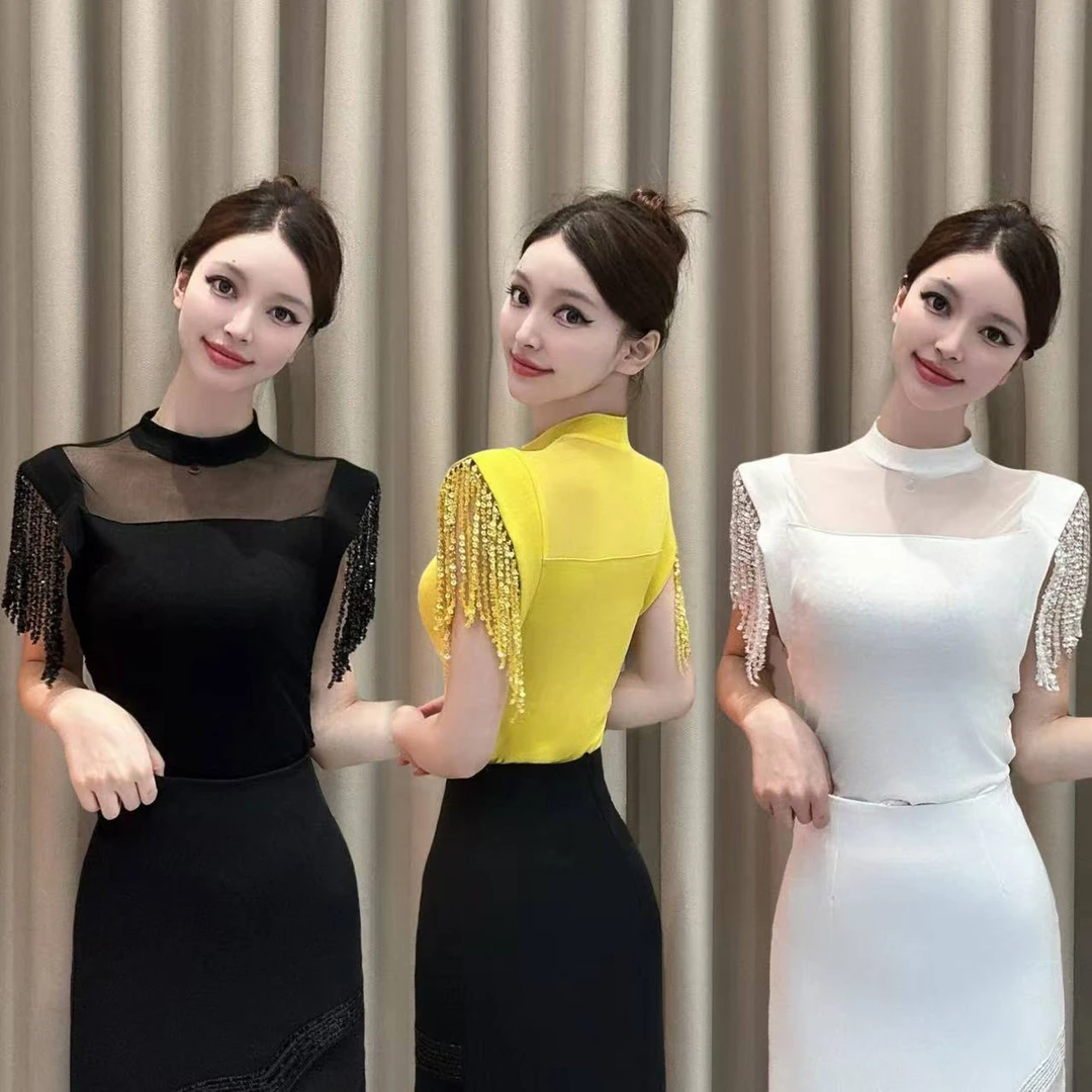 【碎星织月】夏季网纱拼接亮片流苏无袖T恤时尚百搭修身显瘦气质女