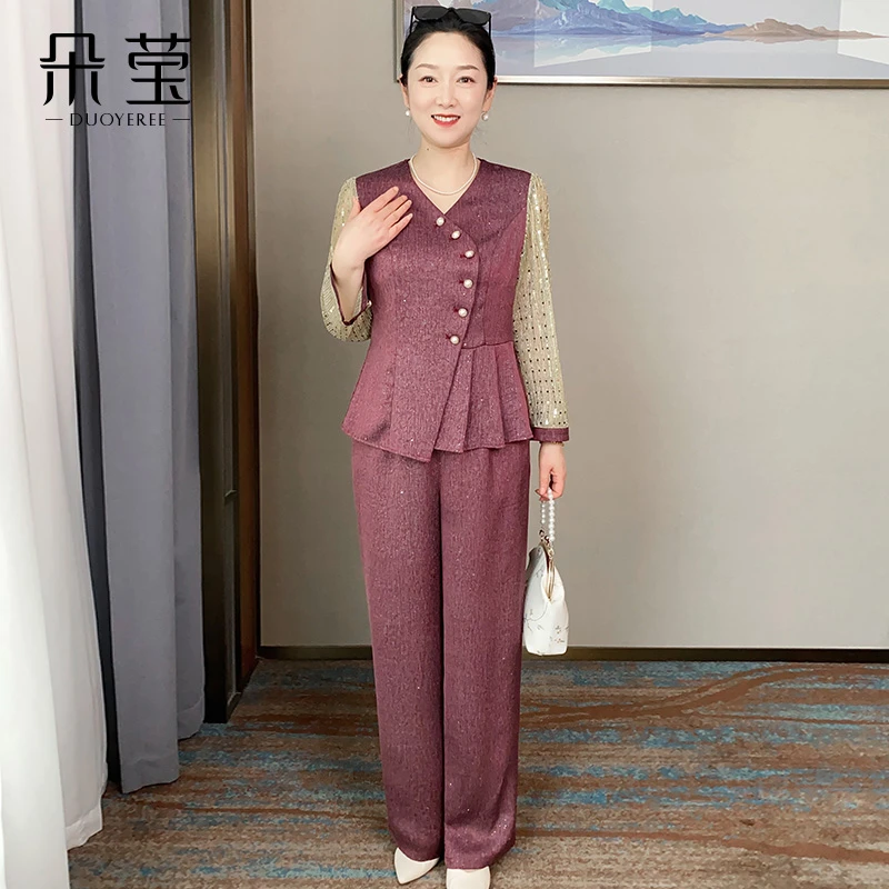 时尚妈妈装洋气小衫套装春夏季新款中年女装宽松休闲上衣直筒裤