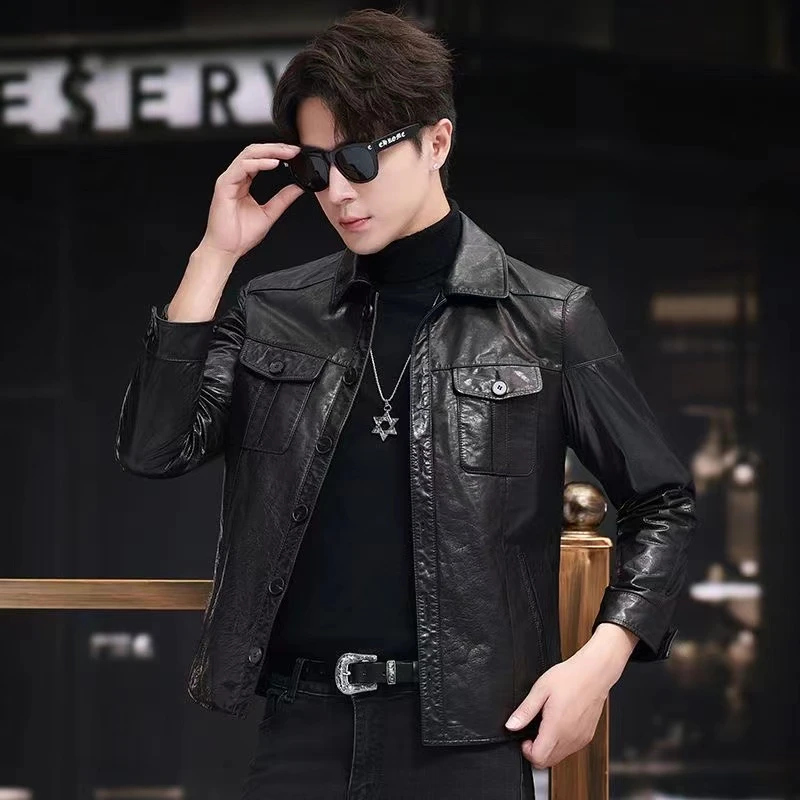 春秋商务潮流短款薄款修身免烫修身型牛皮皮衣纯色经典韩版男士