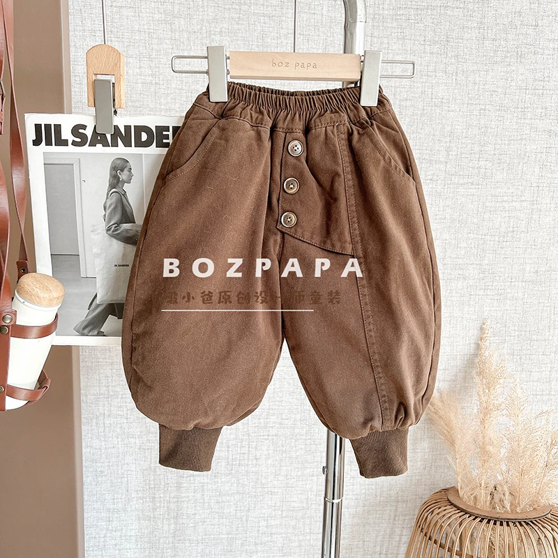 现货啵小爸【绒绒暖咖】2024春秋冬季男童韩系休闲纯色加绒加厚长裤