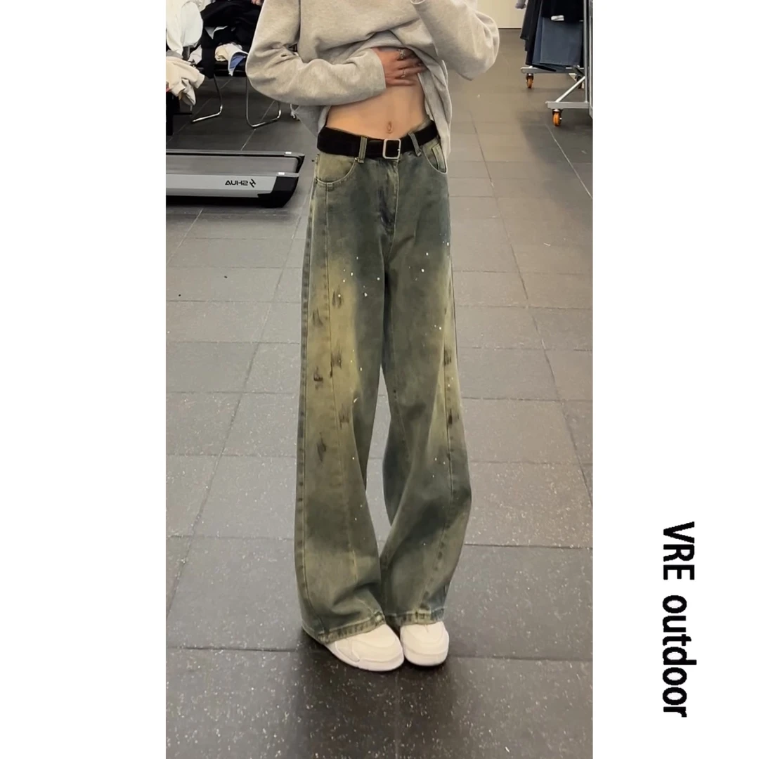 秋季新款美式高街水洗做旧泼墨弯刀牛仔裤高级感男女痞帅阔腿长裤