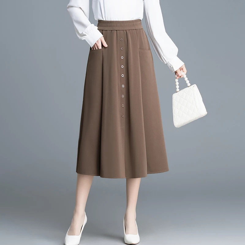拉夏贝尔单排扣半身裙女2025春夏新款气质休闲百搭垂感百搭a字裙