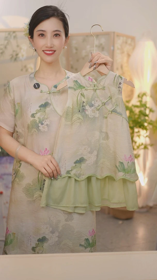 现货亲子装【夏荷】SC395女童夏季新中式白荷花新款国风旗袍裙