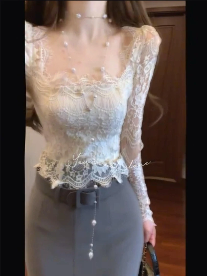 2025新款时尚气质纯欲辣妹性感蕾丝打底上衣搭高腰包臀半身裙套装