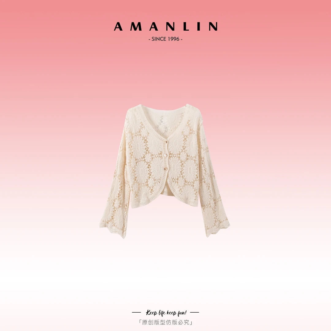 AMANLIN/阿谩琳2025年新品欧若风镂空V领长袖短款套头上衣F595757