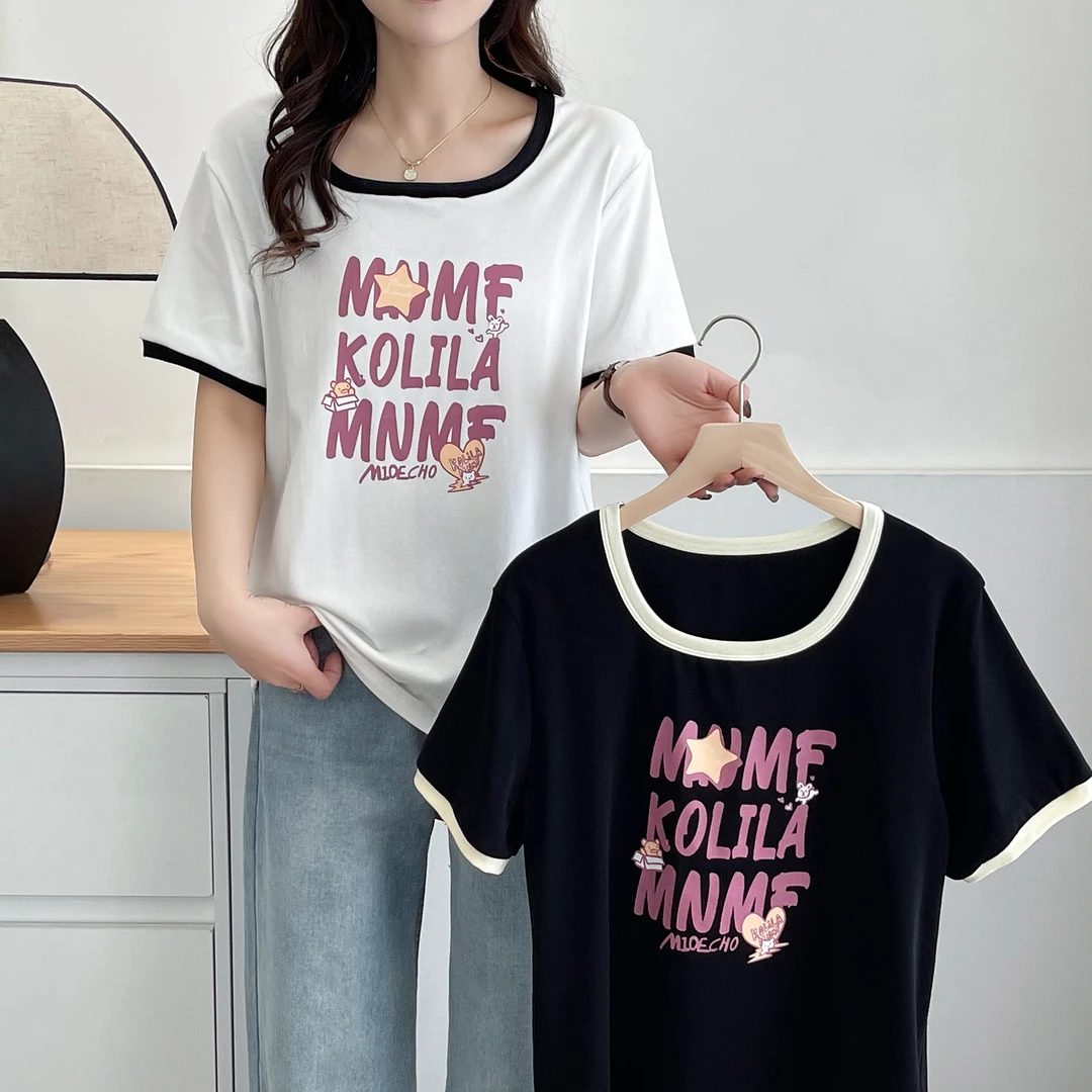 夏季大码女装胖MM时尚印花弹力短袖T恤女士休闲百搭圆领正肩上衣