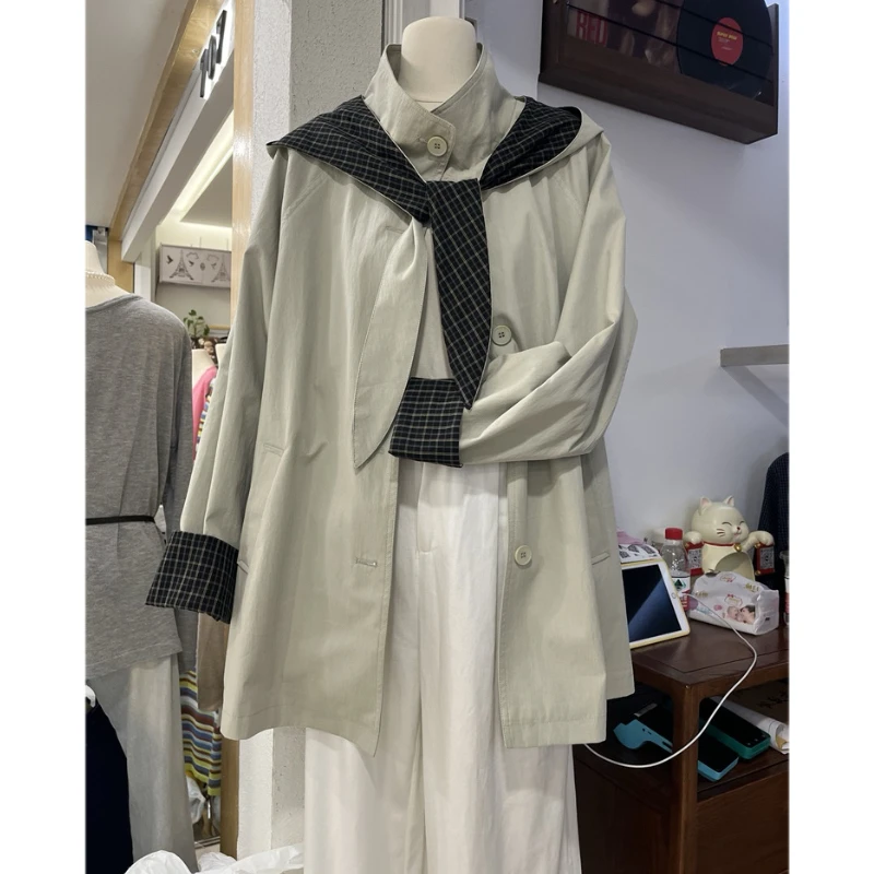 韩系减龄休闲风衣2025秋季兔耳朵连帽拼格子里衬宽松中长风衣女