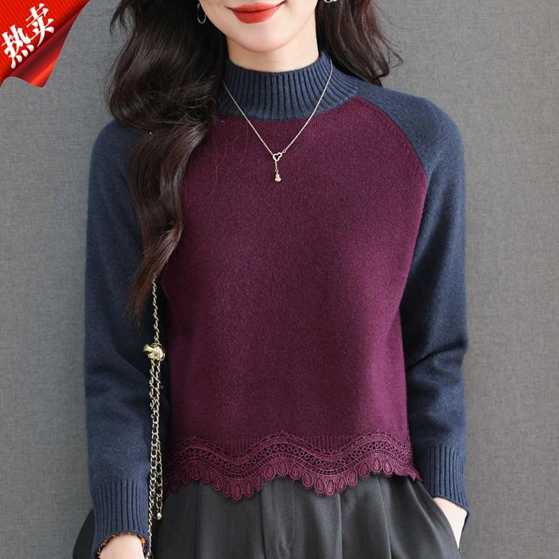 【原版正品】羊毛衫女小个子拼色针织衫半高领蕾丝边毛衣短款洋气