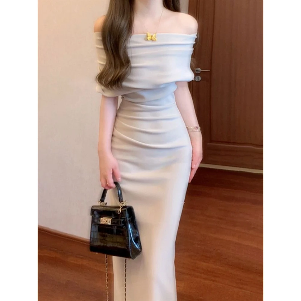 法式荡领斜肩露肩中长款不规则收腰气质包臀褶皱连衣裙子女装夏季