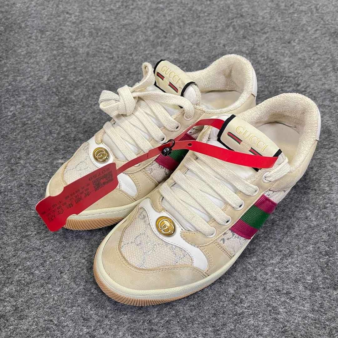 95新 GUCCI/古驰 脏脏鞋皮革系带平底低帮时尚板鞋女款36.5/20759