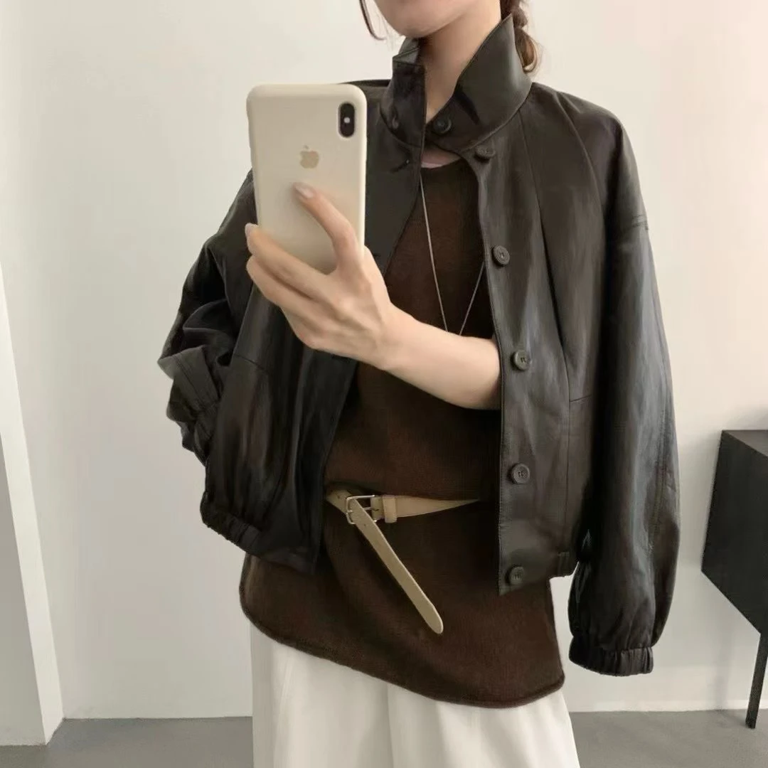 泡菜 立领复古韩系宽松休闲皮衣