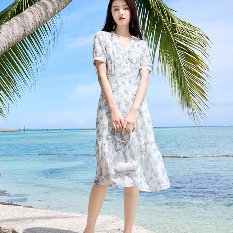 【直播专享】Q642667连衣裙 香影碎花连衣裙女夏季新款收腰梨型身