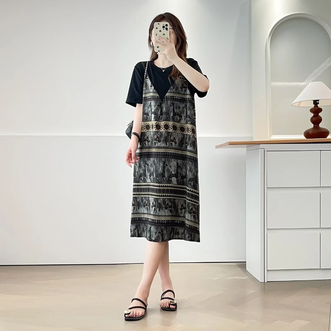 微胖大码女装夏季新款洋气度假风印花假两件连衣裙百搭宽松显瘦裙
