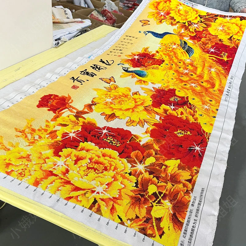 孔雀十字绣成品不带框纯手工出售绣好的2024新款高端客厅牡丹花卉