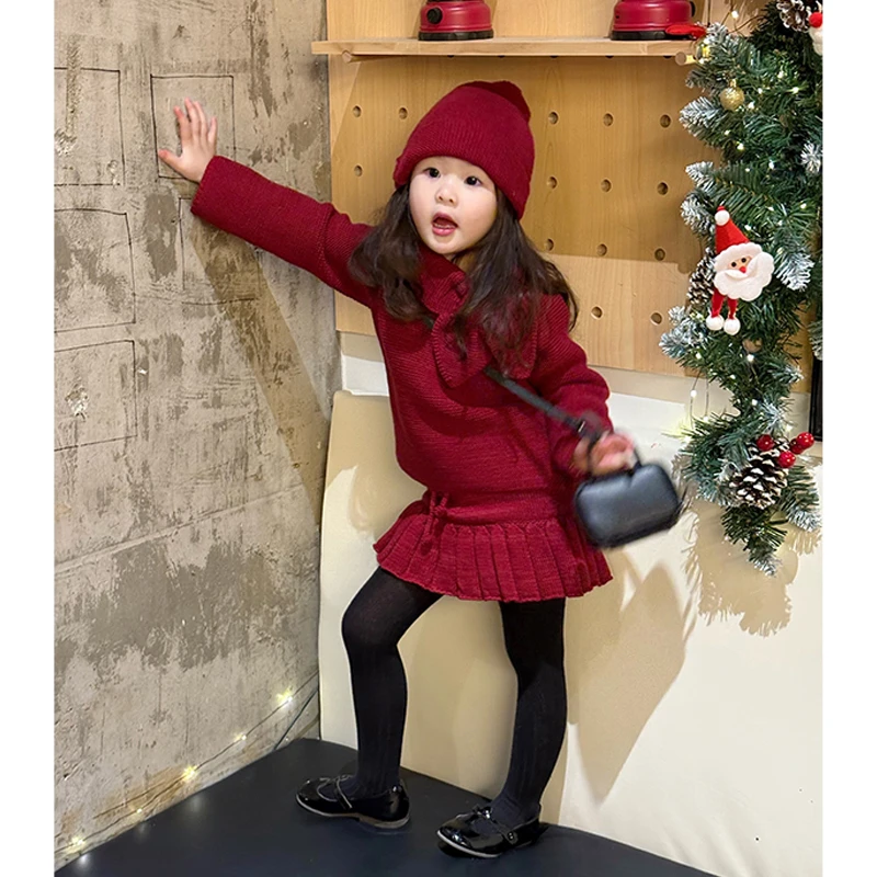 童装女童新年针织套装秋冬儿童时髦小香风红色毛衣半裙两件套