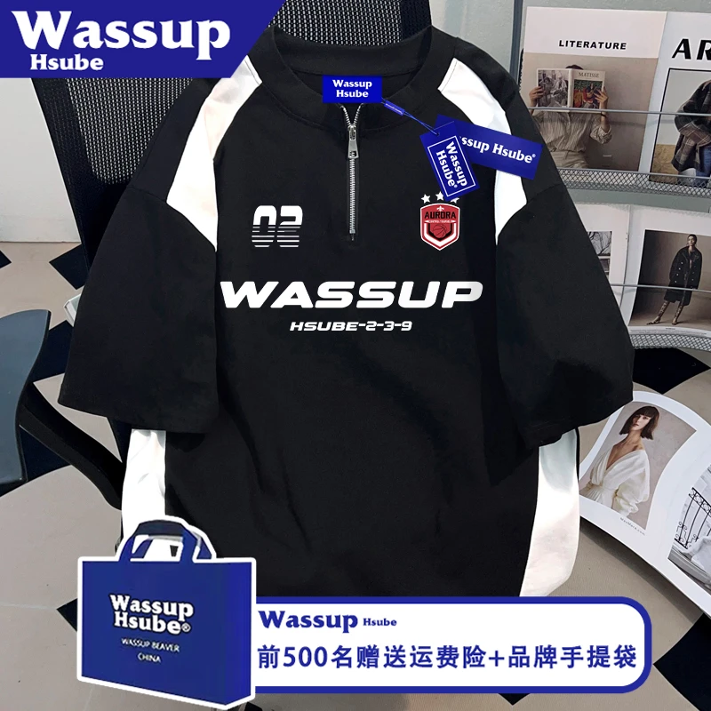 WASSUP HSUBE美式短袖男女纯棉T恤ins夏创意设计字母印花拉链半袖