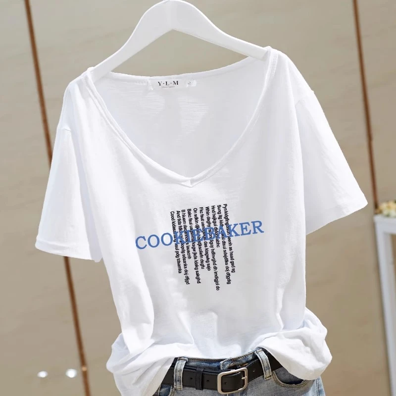 印花卷边V领宽松型舒适T恤2025夏季竹节棉薄款短袖宽松打底衫字母