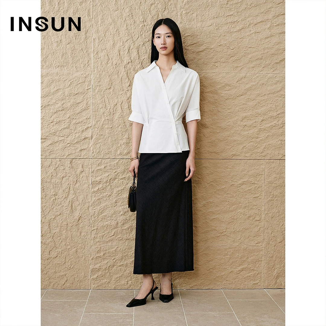 INSUN恩裳专选2025夏季极简解构设计感收腰白衬衫