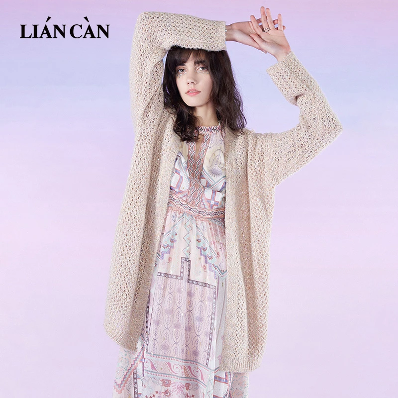 莲灿镂空毛针织衫女开5春夏新款长款长袖外套上衣71EO132002