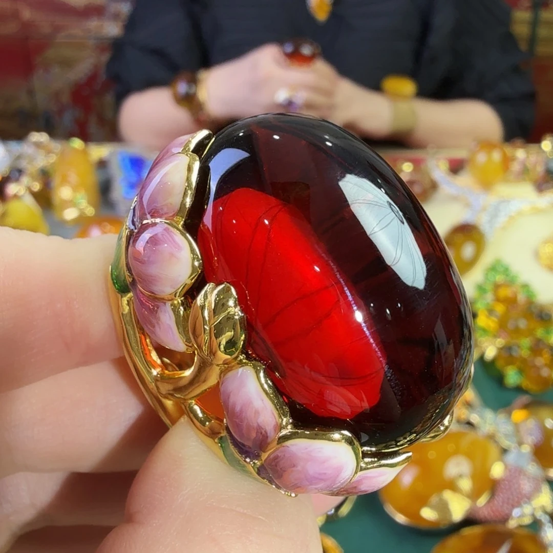 血珀银S925镀金镶嵌戒指