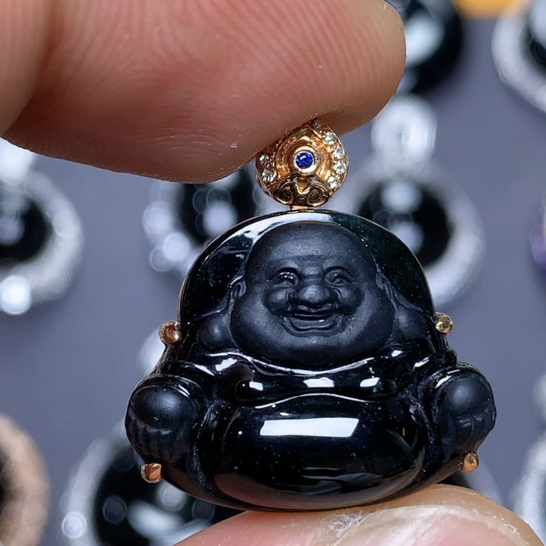 颈饰18K金镶嵌翡翠墨翠佛公